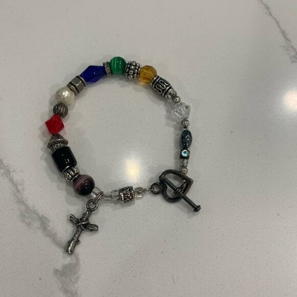 Silver beaded handmade prayer bead bracelet 7.25" long - Picture 3 of 4